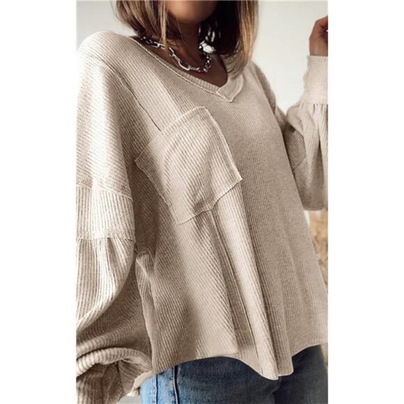 Women's Casual V-Neck Ribbed Knit Pullover - Loose Tunic Top - Picture 5 of 7